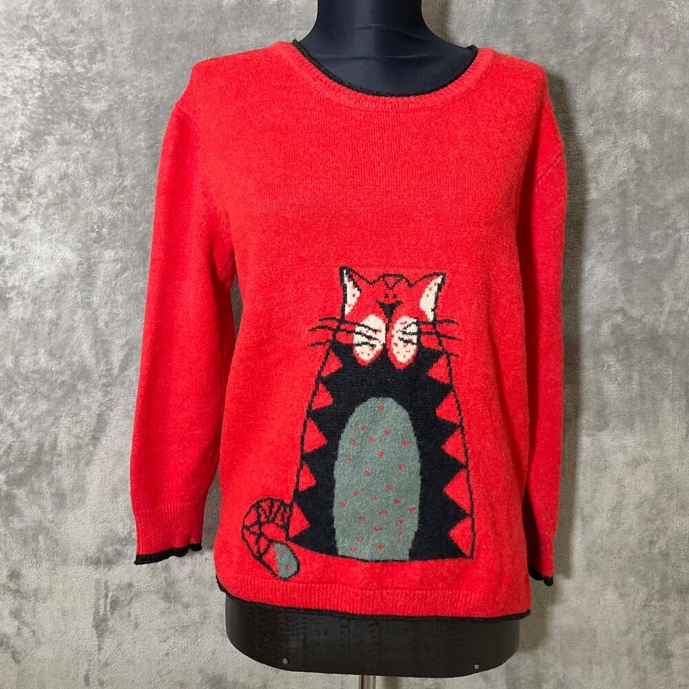 Unbranded  Cat Sweater women’s size S Red black Whimsical Crazy Cat Lady  Soft *